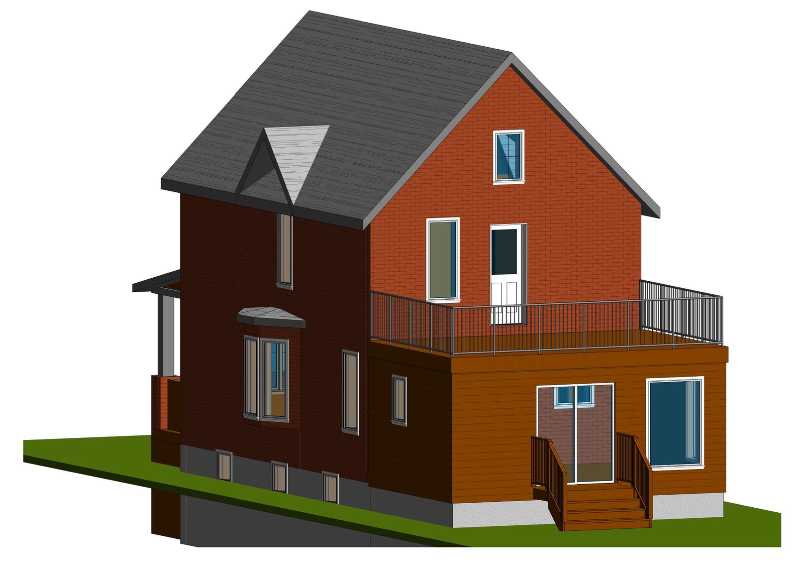 3D rendering of a two-storey addition with red accents