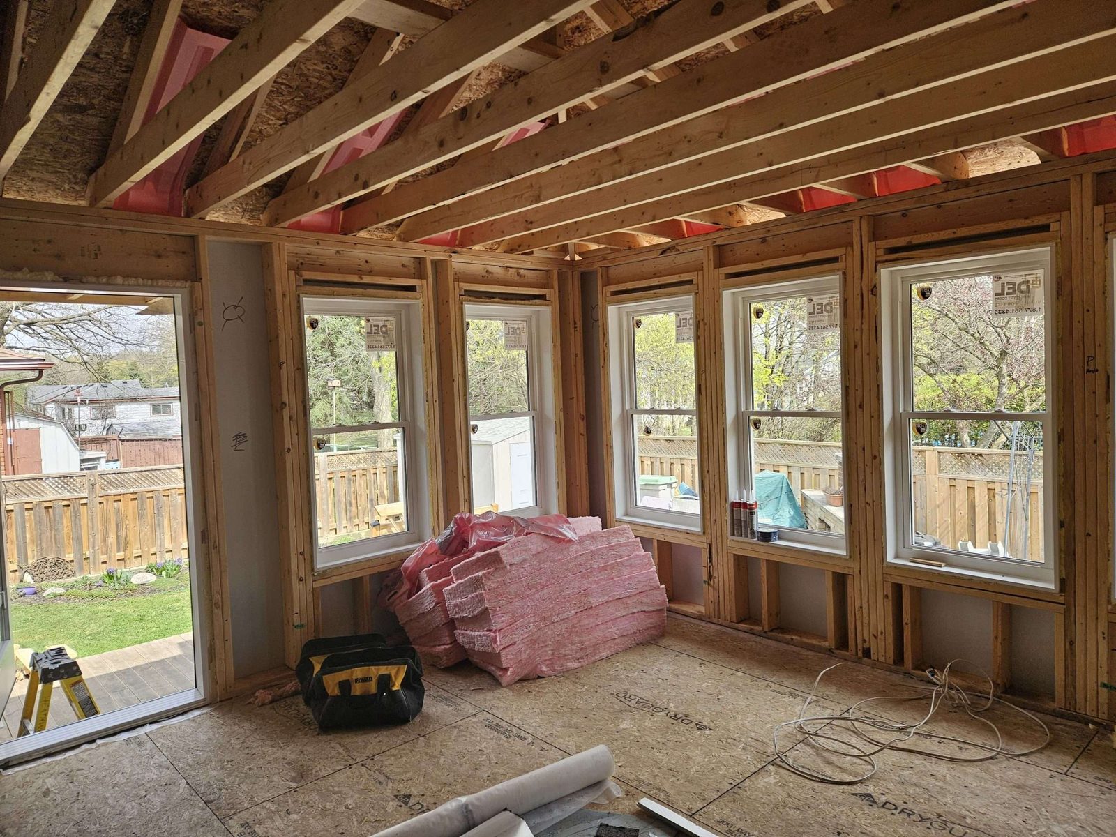 Interior framing with studs and windows during construction